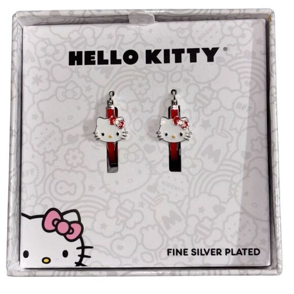 Hello kitty silver plated hoop earrings red white new - Picture 2 of 10